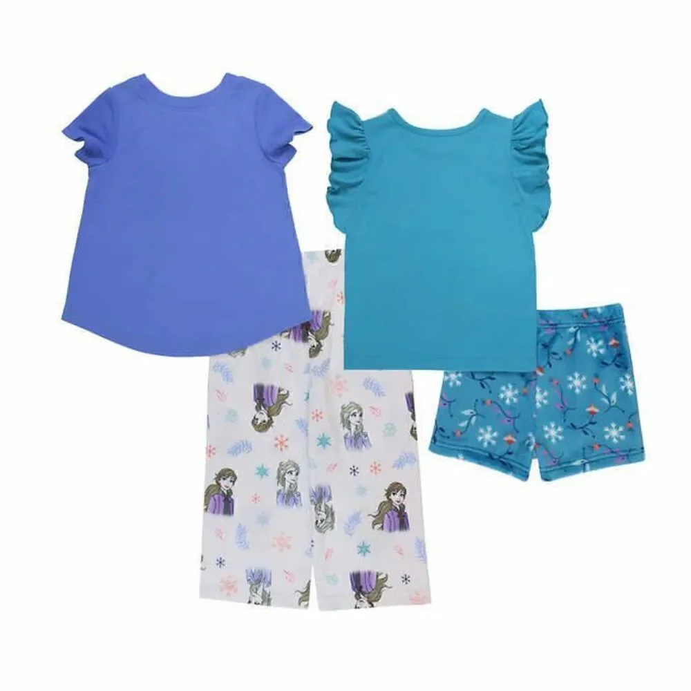 NEW! Frozen Kids' 4PC Cozy PJ Set- 2Short Sleeve Tops, 1Long Pant, 1FleeceShorts - Picture 3 of 11